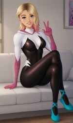 1girls ai_generated asymmetrical_hair athletic athletic_female avengers blonde_hair blue_eyes bodysuit female female_only gwen_stacy gwen_stacy_(spider-verse) looking_at_viewer marvel marvel_comics peace_sign smiling_at_viewer solo spider-gwen spider-man_(series) superheroine