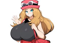 ai_generated bag blue_eyes breasts_bigger_than_head brown_hair female hat huge_breasts mullon novelai pokemon pokemon_xy serena_(pokemon) skirt smile smiling smiling_at_viewer solo top_heavy wave