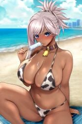 1girls 2024 bare_shoulders big_breasts bikini bikini_bottom bikini_top blue_eyes blush blush_lines breasts_bigger_than_head brown-skinned_female brown_skin brown_skinned_female cleavage clothed clothed_female clothing cow_bell cow_bell_collar cowbell cowprint cowprint_bikini fate/grand_order fate_(series) female female_only holding_ice_cream ice_cream ice_cream_on_breasts midriff miyamoto_musashi_(fate) miyamoto_musashi_(swimsuit_berserker) navel raskasar silver_hair sitting sitting_on_beach_towel solo solo_female tan-skinned_female tan_body tan_skin tan_skinned_female tanned tanned-skinned_female tanned_female tanned_skin voluptuous voluptuous_female