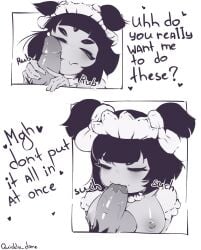 1boy 1girls 2024 big_breasts big_penis black_hair breasts comic dialogue fangs fellatio female handjob hi_res maid maid_headdress male male/female muffet multi_eye penis quickly_done saliva short_hair smile spider spider_girl twintails undertale undertale_(series)