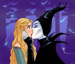 2girls angelina_jolie aurora_(sleeping_beauty) disney disney_princess disney_villains elle_fanning eyeshadow female female_only flick kissing lipstick makeup maleficent maleficent_(film) multiple_girls princess royalty sleeping_beauty_(1959_film) yuri