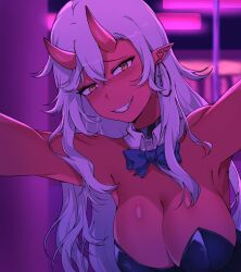 akumi armpits bare_shoulders bow bowtie breasts bunnysuit cleavage detached_collar female horns large_breasts leotard long_hair looking_at_viewer oerba_yun_fang oni oni_horns pointy_ears skin-covered_horns smile solo vyugen wrist_cuffs