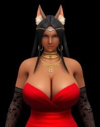3d 3d_artwork ai_generated animal_ears black_hair broad_shoulders brown_eyes cleavage cleavage_overflow dark-skin dark-skinned_female dress earrings female_focus giant_breasts gold_jewelry jewelry lace lace_gloves large_breasts lips majorfluffy necklace novelai off_shoulder off_shoulder_dress red_dress solo solo_female tagme wolf_girl