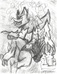 2023 ambiguous_gender anthro big_hair canid canine canis claws curled_hair dated duo female generation_5_pokemon genitals gesture graphite_(artwork) hair hand_gesture hand_on_another's_head hi_res mammal monochrome nintendo nipples open_mouth pencil_(artwork) pointing pokemon pokemon_(species) pussy quasar_nebula sitting smile spitting spread_legs spreading tail traditional_media_(artwork) wolf zoroark