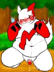 1boy 3:4 anthro balls belly blush bodily_fluids claws cum flaccid foreskin forest fupa fur genital_fluids genitals hi_res male marumaru_hh navel nintendo outside overweight penis plant pokémon_(species) pokemon pokemon_(species) tree video_games white_body white_fur zangoose