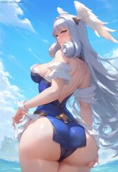 1girls ai_generated big_ass big_breasts big_butt big_nipples big_thighs blue_dress blue_eyes blush female from_behind headwings huge_ass huge_breasts huge_butt huge_nipples huge_thighs long_hair melia_antiqua wanuze white_hair wide_hips wings wings_on_head xenoblade_(series) xenoblade_chronicles_3