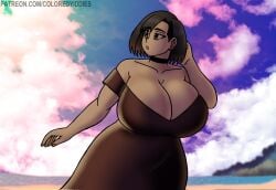 beach_background big_breasts big_breasts black_dress choker cleavage cleavage_dress coloredyiddies lei_(coloredyiddies) sundress