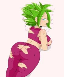 areolae ass ass_cleavage big_ass blue_eyes breasts butt_crack clothing dragon_ball dragon_ball_super earrings exposed_breasts female female_only green_hair hair heart huge_ass jinu kefla large_ass legendary_super_saiyan looking_back lying nipples open_mouth saiyan solo super_saiyan super_saiyan_2 thick_thighs thighs torn_clothes