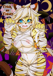 1girls 2018 4_fingers abs abstract_background anthro areola bandage barely_visible_genitalia barely_visible_pussy blonde_hair blue_eyes blush breasts brown_fur cheek_tuft clothed clothing countershading dialogue feline female female_only front_view fur furry hair halloween happy heart hi_res holidays kemono looking_at_viewer mammal megane_inu multicolored_fur navel nipples open_mouth pink_areola pink_nipples portrait pussy skimpy solo speech_bubble spoken_heart striped_fur stripes teeth text three-quarter_portrait tiger tuft undead white_fur yellow_fur zhang_fei_(fullbokko_heroes)