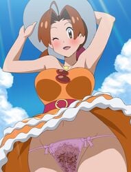 1girls accurate_art_style ahoge armpits bare_arms bare_shoulders belly belt big_breasts blush breasts brown_eyes brown_hair clothed cloud clouds day delia_ketchum_(pokemon) dress dress_lift eyelashes female female_only from_below g-string hat human human_only jewelry lace_panties large_breasts long_hair looking_at_viewer makino_tomoyasu milf mother navel neck necklace nintendo one_eye_closed open_mouth orange_dress outdoors panties pantyshot pink_panties pokemon pokemon_(anime) pokemon_rgby pokemon_sm ponytail pubic_hair see-through see-through_panties sky smile solo source_request standing strapless strapless_dress summer_dress sunglasses text thin_waist watermark wide_hips wind_lift wink