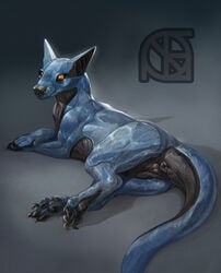 absurd_res alien anthro anus arkkin ass biceps black_nose cosmiclife dragon drake_(disambiguation) feet female feral flat_chested fur hi_res hybrid looking_at_viewer lying on_side paws pinup pose pussy scalie semi-anthro solo