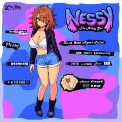 black_boots blue_eyes blue_jeans boots bra brown_hair heart-shaped_pubic_hair jean_shorts jeans light_skin messy messy_hair oc original_character pubic_hair pussy shy_jaz standing white_bra