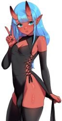 1futa aqua_eyes arm_sleeves black_armwear black_dress black_thighhighs blue_hair bulge clothed clothing djwhiteboooty dress ear_piercing elbow_gloves flaccid flat_chest freckles fully_clothed futa_only futanari gloves humanoid long_hair oni oni_horns pelvic_curtain pointy_ears red_skin slit_pupils solo standing sui_(suikisses) thick_thighs thighhighs v_sign very_high_resolution white_background wide_hips