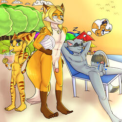 3boys anthro ass beach canine carmelita_fox crossover damian5320 dream erection fox group jcfox lombax male male_only mammal procyonid pussy raccoon ratchet_(ratchet_and_clank) ratchet_and_clank seaside sleeping sly_cooper sly_cooper_(series) smooth_fur sunset video_games wet_dream