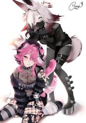 animal_ear_fluff animal_ears artist_name belt breasts dya_rikku_(vtuber) female fishnets gloves hair_over_one_eye hololive hololive_english hololive_english_-justice- jacket long_hair long_sleeves looking_at_viewer pants pink_hair raora_panthera sitting tail tongue tongue_out v vyugen