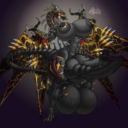 abs anthro barbed_penis black_skin chaos_(warhammer) cock_ring daemon_engine dragon futanari gigantic_penis hyper_breasts rashchaos solo warhammer_(franchise) warhammer_40k