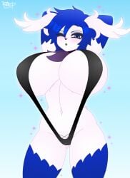 anthro anthro_only big_breasts bikini blue_eyes blue_hair breasts clothing female generation_4_pokemon hair hi_res huge_breasts legendary_pokemon nintendo one-piece_swimsuit pokemon pokemon_(species) razplus shaymin shiny_pokemon short_hair sky_forme_shaymin sling_bikini solo swimwear