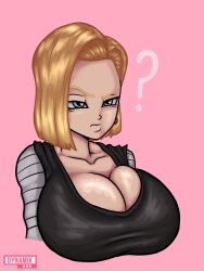 1girls ? android_18 big_breasts blonde blonde_female blonde_hair blonde_hair_female blue_eyes breasts busty cleavage clothed clothed_female clothing dragon_ball dynamik808 female female_focus female_only huge_breasts large_breasts light-skinned_female light_skin long_sleeves medium_hair milf mother pink_background png red_earring red_earrings redraw shirt solo wife