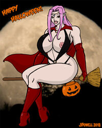 arm_gloves broomstick cape cosplay earrings elf female full_moon halloween halloween_costume high_heel_boots jack_o'_lantern jewelry long_hair majo_no_rakujitsu nightmare_witch nipple_slip pointy_ears purple_hair randomredux red_boots red_eyes red_gloves swimsuit thick_thighs witch witch_queen_reuri ych