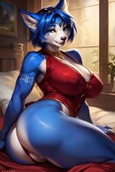 5_fingers ai_generated anthro bed bedroom big_ass big_breasts big_butt blue_eyes blue_fox blue_hair blue_hands blue_legs female female_only fox fox_female fox_girl fox_tail furry furry_ears furry_female furry_only krystal krystal_(star_fox) oil_painting oil_painting_(artwork) pajamas red_bra red_pajamas star_fox