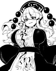 absurdres big_breasts breasts dress female floating_hair from_below fully_clothed greyscale grin hat highres himajin_noizu huge_breasts junko_(touhou) long_hair mature_female milf monochrome shaded_face simple_background smile solo tabard touhou wide_sleeves