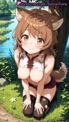 1girls 2025 ahoge ai ai_assisted ai_generated animal_ear_fluff animal_ears anime anime_style bangs bare_arms bare_shoulders belt black_belt black_thighhighs blush breasts breasts_out brown_eyes brown_hair brown_thighhighs bust busty cat_ears closed_mouth crop_top dappled_sunlight day dog_ears dog_girl dog_tail dungeon_ni_deai_wo_motomeru_no_wa_machigatteiru_darou_ka female female_focus female_only flower grass hands_on_own_thighs hentai hi_res high_quality high_resolution highres kneeling large_breasts leaning_forward liliruca_arde long_hair looking_at_viewer medium_breasts medium_hair micro_shorts natsuyoru navel nipples nipples_outside no_bra no_shoes outdoors patreon red_shorts river rock seiza shirt short_shorts shorts sitting sleeveless sleeveless_shirt smile solo solo_female stable_diffusion stomach tail thighhighs thighs torn_clothes torn_shirt torn_shorts torn_thighhighs tree uncensored_nipples voluptuous voluptuous_female water white_flower white_shirt