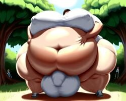 1futa ai_generated balls_outline forest hyper_belly hyper_breasts hyper_thighs penis_outline tighty_whities white_briefs white_t-shirt wtf