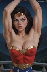 3/: ai_generated armpits black_hair blue_eyes breasts_apart covered_nipples cute dc_comics greece greek_mythology leotard looking_at_viewer mature_female medium_breasts muscular muscular_female night perky_breasts pose puffy_nipples selfie star_print strapless teenager tiara veiny wonder_woman wonder_woman_(series)