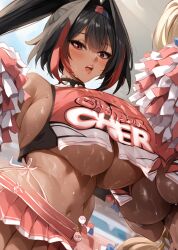 ai_generated bare_shoulders bay_(nikke) big_breasts black_hair blush cheerleader choker gigantic_breasts goddess_of_victory:_nikke highres hollowbeak huge_breasts long_hair ponytail sweat tagme tan tan_body underboob