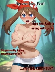 1girls ai_generated angry blue_eyes blush comic covering_breasts dialogue farfrompussy large_breasts looking_at_viewer may_(pokemon) may_(pokemon_rs) pokemon pov red_bandana topless topless_female yelling yodayo