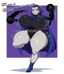 1girls ass_bigger_than_head ass_expansion bodysuit breast_expansion breasts_bigger_than_head clothed dc_comics female female_only huge_ass huge_breasts monkechrome nipples_visible_through_clothing no_bra no_underwear raven_(dc) revealing_clothes sideass tagme teen_titans text