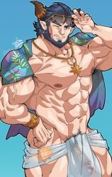 1boy abs alphecca_(live_a_hero) armpit_hair armpit_hair_peek bara bare_pectorals beard biceps blue_hair cowboy_shot dark_blue_hair demon_boy demon_horns facial_hair full_beard groin highres horns jewelry large_pectorals live_a_hero looking_at_viewer male_focus male_pubic_hair mature_male muscular muscular_male mustache_stubble navel navel_hair necklace nipples official_alternate_costume pectorals pelvic_curtain penis pointy_ears pubic_hair seductive_smile see-through shirako_(kirupi) shirt_on_shoulders short_hair shredded_muscles smile solo standing star_(symbol) star_necklace stomach stubble sunglasses thick_beard thick_eyebrows thick_thighs thighs veins veiny_arms veiny_penis