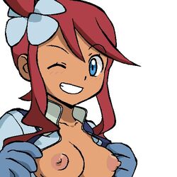 1girls areolae blue_eyes blush breasts breasts_out clothed erect_nipples eyelashes female female_only gloves gomatarou grin hair_ornament human long_hair looking_at_viewer nintendo nipples one_eye_closed pokemon pokemon_bw red_hair skyla_(pokemon) smile solo teeth white_background wink