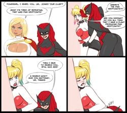 3girls alternate_breast_size anilingus batwoman big_breasts biting_lip bob_cut cleavage cleavage_cutout clothing comic dc female_only flick harley_quinn huge_breasts kate_kane large_breasts lesbian medium_breasts multiple_girls power_girl rimjob rimming yuri