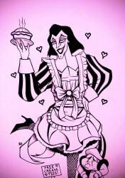 2boys crossdressing disney disney_villains high_heels holding_food madamesam maid_outfit maid_uniform male_only manly_crossdresser nervous_sweat sarousch smiling standing_on_one_leg taped_nipples the_hunchback_of_notre_dame