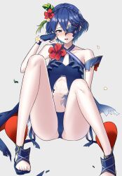 1girls ameno_(a_meno0) bare_shoulders bikini blue_bikini blue_eyes blue_hair blush broken_mask crying fire_emblem fire_emblem_awakening fire_emblem_heroes flower hair_between_eyes hair_flower hair_ornament looking_at_viewer lucina_(fire_emblem) lucina_(summer)_(fire_emblem) marth_(fire_emblem_awakening) mask navel nintendo official_alternate_costume official_alternate_hairstyle open_mouth short_hair sitting_on_floor small_breasts solo swimsuit tears thighs torn_clothes torn_swimsuit