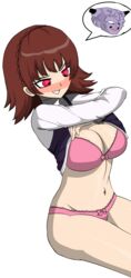 alpha_channel atlus blush body body_swap breasts brown_hair captain_ginyu color crossover dragon_ball dragon_ball_z female female_only for_sticker_use human large_breasts makoto_niijima no_background persona persona_5 pink_bra pink_panties png red_eyes short_hair simple_background solo sticker_template tagme transparent_background transparent_png uncensored underwear