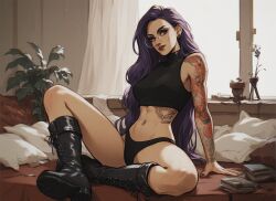 1girls black_lips piercing purple_hair tattoos woman