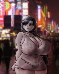 big_breasts big_breasts city_background coloredyiddies hoop_earrings lei_(coloredyiddies) night_sky white_dress