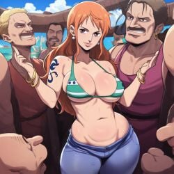 1girls 6+boys ai_generated bikini_top d-art_style earrings female female_focus front_view imminent_gangbang imminent_sex k4rt male nami nami_(one_piece) one_piece prostitute prostitution tagme tattoo