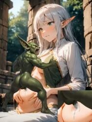 ai_generated animated belly_button belly_button_penetration cum_in_navel elf elf_female fantasy forest_sex goblin goblin_male green_eyes navel navel_fetish white_hair