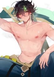 armpits blush colored genshin_impact kinich_(genshin_impact) liv_eclipse male_focus male_only musk_clouds solo_focus sweat topless