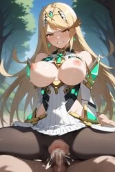 1boy ai_generated angry bangs bare_shoulders black_pantyhose blonde_hair blush breasts breasts_out censored chest_jewel clenched_teeth clothed_female_nude_male clothed_sex core_crystal cowgirl_position cum cum_in_pussy dress earrings female gloves headpiece hikari_(xenoblade_2) jewelry large_breasts long_hair looking_at_viewer mosaic_censoring mythra_(xenoblade) nipples nude outdoors pantyhose penis pussy reverse_cowgirl_position sex solo_focus spread_legs straddling straight sweat swept_bangs teeth thighs tiara torn_clothes tree umiaiart vaginal_penetration white_dress xenoblade_(series) yellow_eyes
