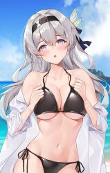 :o bare_shoulders bikini black_hairband blue_sky breasts cleavage cloud day female female_only firefly_(honkai:_star_rail) grey_hair groin hairband head_tilt highres honkai:_star_rail honkai_(series) large_breasts long_hair looking_at_viewer matrix16 navel off_shoulder open_mouth purple_eyes revealing_clothes shirt side-tie_bikini_bottom sky solo stomach swimsuit upper_body very_long_hair