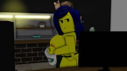 1girls apron apron_only big_breasts blue_hair blueicongd coffee_cup female female_focus female_only femicon_(blueicongd) oc original_character roblox roblox_avatar robloxian thick_thighs yellow_skin yellow_skinned_female