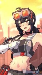 10_seconds 1girls 9:16 black_hair breasts cleavage cooling_off fingerless_gloves gloves grace_howard hot_day large_breasts light-skinned_female light_skin loop shorter_than_10_seconds solo sweat sweating tagme trevobutevil unzipping vertical_video video zenless_zone_zero