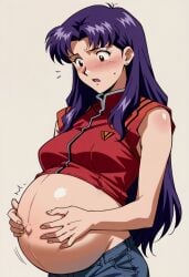 ai_generated bare_belly big_belly breasts kicks misato_katsuragi neon_genesis_evangelion pregnant pregnant_belly ready_to_pop red_jacket surprised