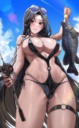 1girls bikini black_hair breasts cleavage female female_only fish fishing fishing_rod goddess_of_victory:_nikke hi_res holding_object large_breasts light-skinned_female light_skin long_hair maiden_(nikke) outdoors red_eyes revealing_clothes silvertsuki skimpy_clothes thick_thighs