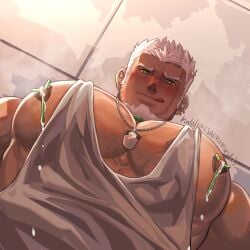 1boy artist_name bara beard blush ceiling character_request chinese_commentary copyright_request dog_tags ear_piercing facial_hair green_eyes grey_vtuber indie_virtual_youtuber jewelry kulolin large_pectorals looking_at_viewer male_focus male_lactation masculine meme multiple_piercings muscular necklace nipple_slip nipples pectorals piercing solo tongue tongue_out virtual_youtuber white_hair yur_oc_like_this_(meme)