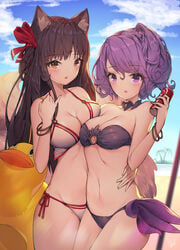 2girls ahri bikini brown_hair dark_elementalist_lux dduck_kong elementalist_lux female female_only league_of_legends looking_at_viewer luxanna_crownguard multiple_girls pool_party purple_eyes purple_hair vastaya yellow_eyes